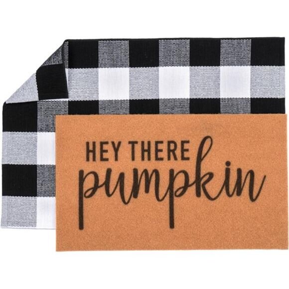 2 Pcs Hey There Pumpkin Fall Door Mat Welcome Doormat Layered Buffalo Plaid Rug - Picture 1 of 7
